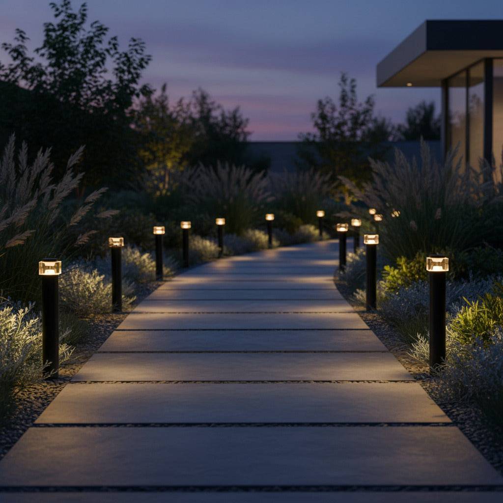 black exterior bollard light mounted along a pathway at night 