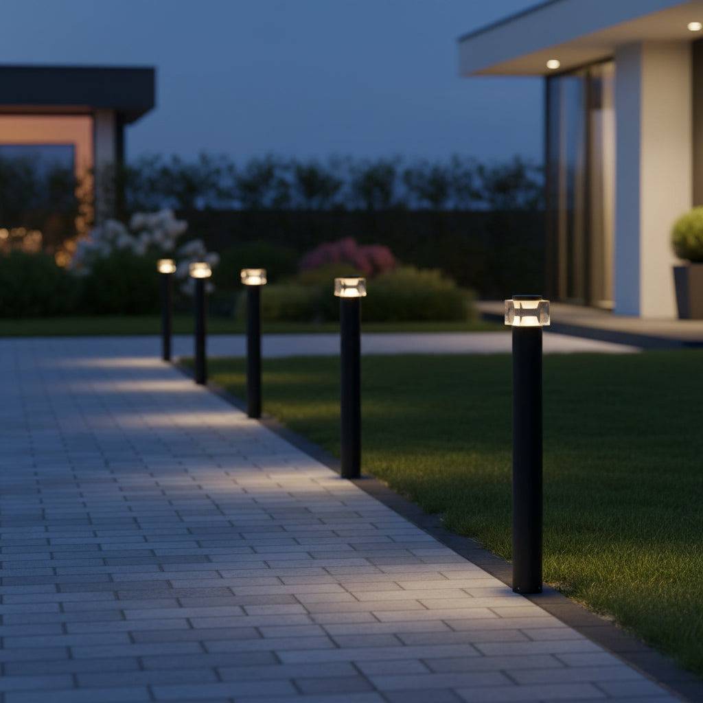 Black bollard post light along a paved path outside a modern house