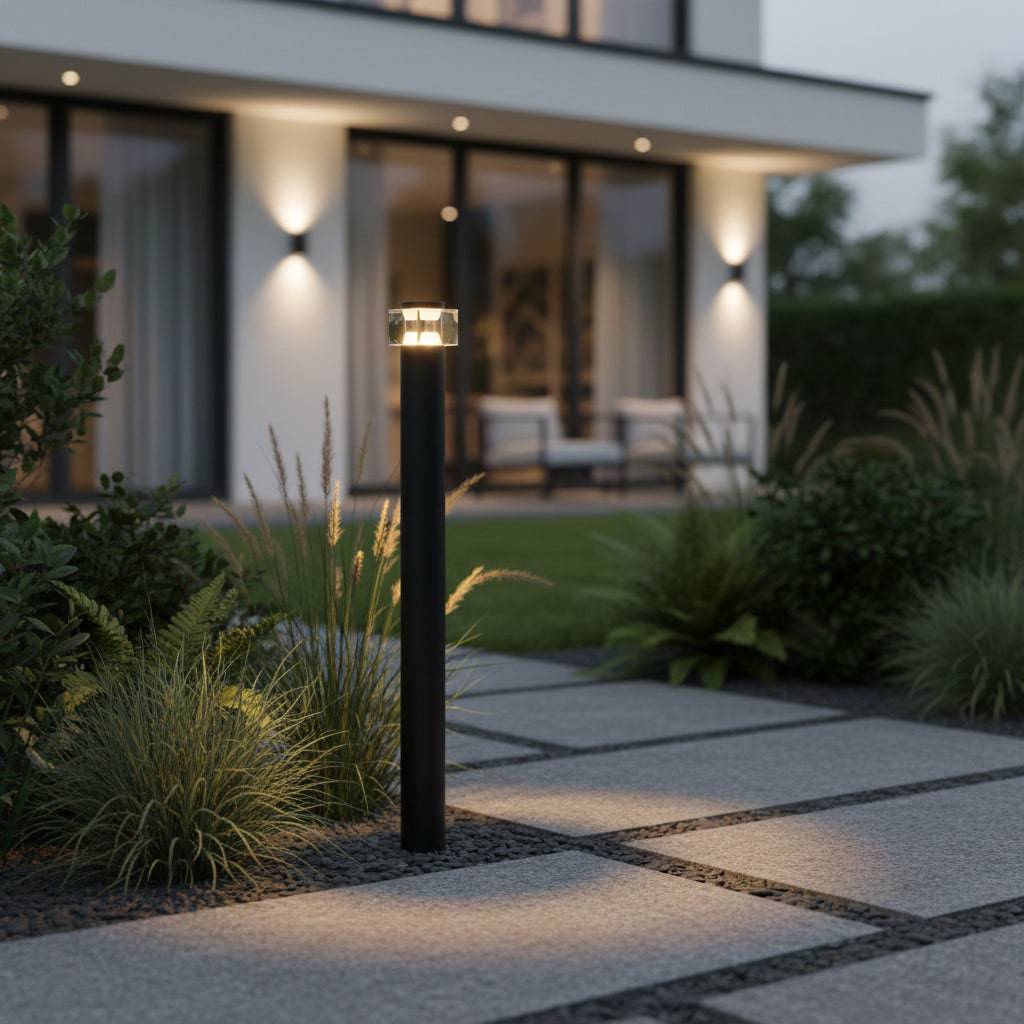 Black LED bollard path light illuminating an area leading to a modern home