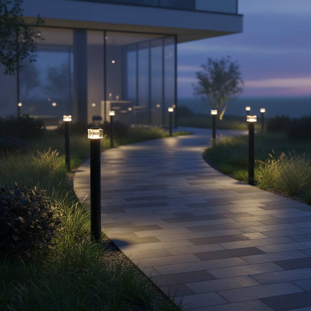 Black LED bollard light shining on a paved pathway leading to a modern home