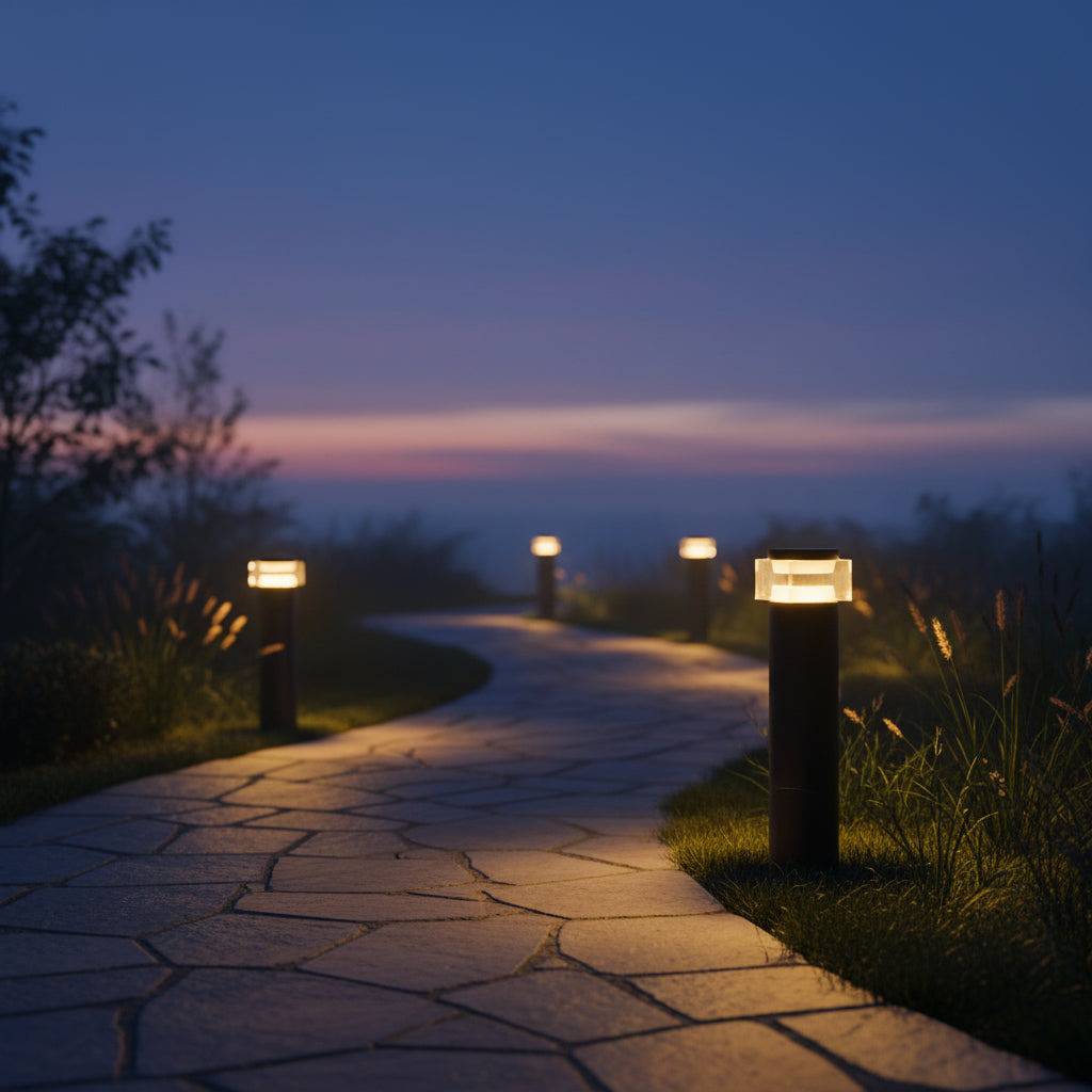 Black square bollard light on curved crazy paving pathway 