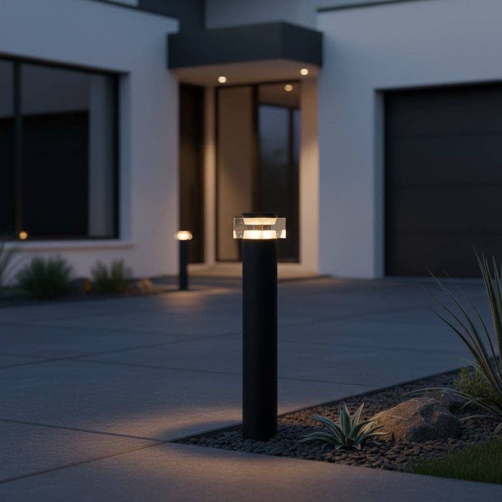 Black bollard lighting for a driveway outside of a modern home