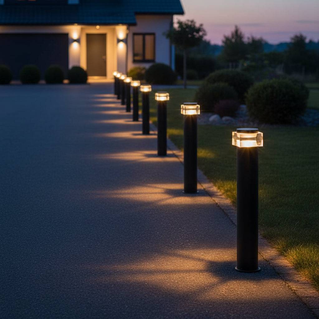 Black bollard lighting for a driveway  leading up to a modern property