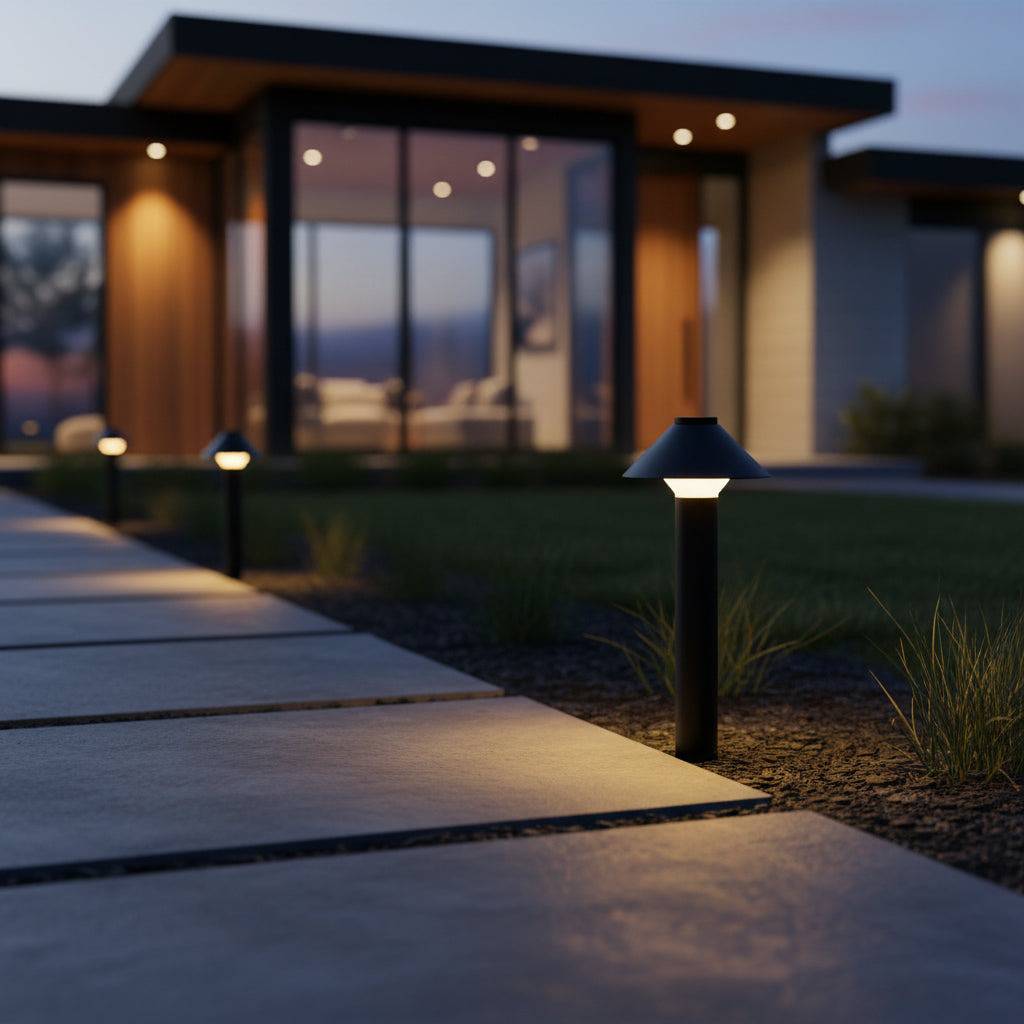 Black garden bollard light fixture on a pathway leading to a modern home