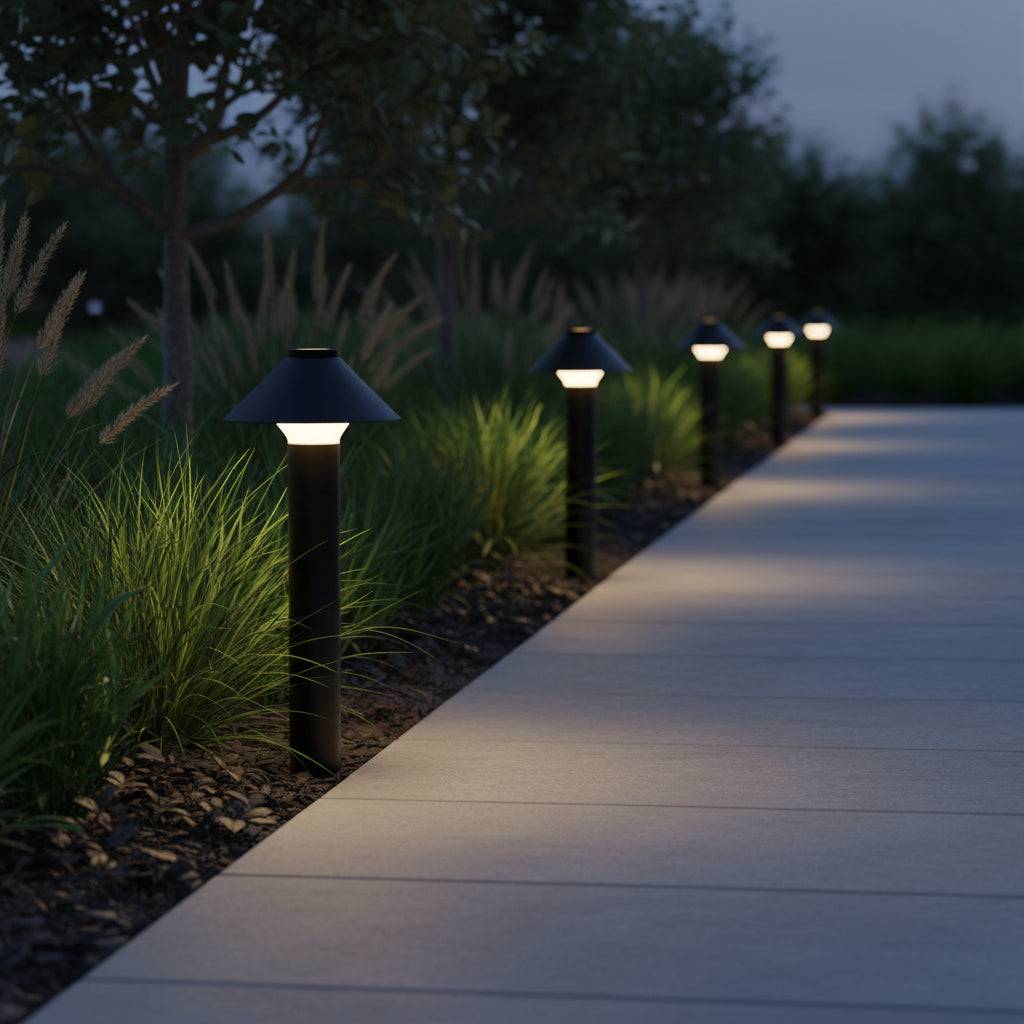Black garden bollard light fixture on a straight grey pathway 