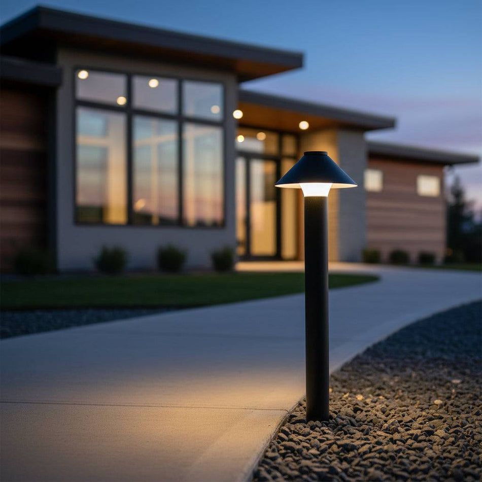 Black outdoor garden bollard light on a pathway leading to modern house