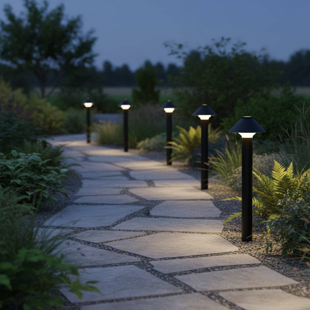 Black outdoor garden bollard light on slab and stone pathway