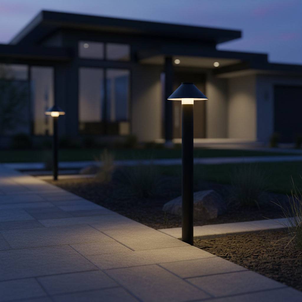 Black tall bollard lamp along side path leading to modern style house