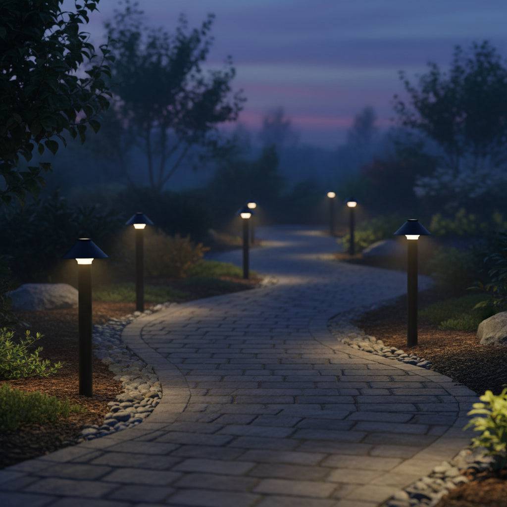 Black tall bollard lamp on a  grey stone curved pathway though  a garden
