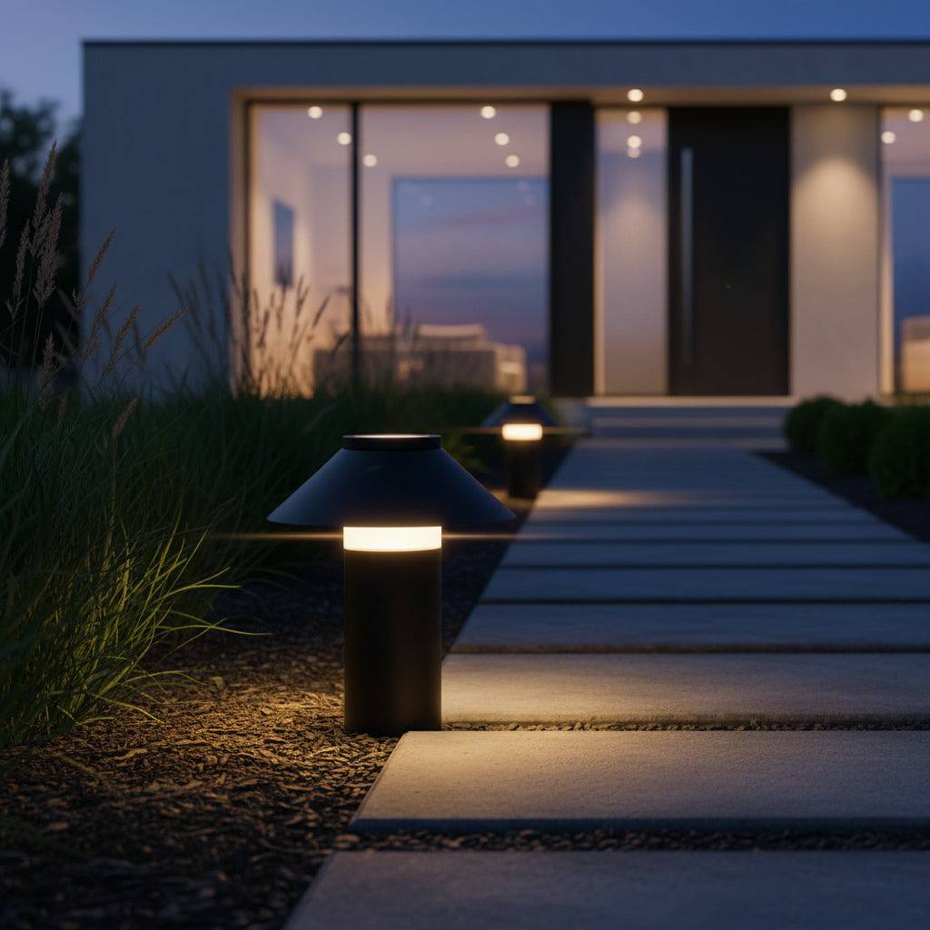 Black small garden bollard light on pathway to modern style house