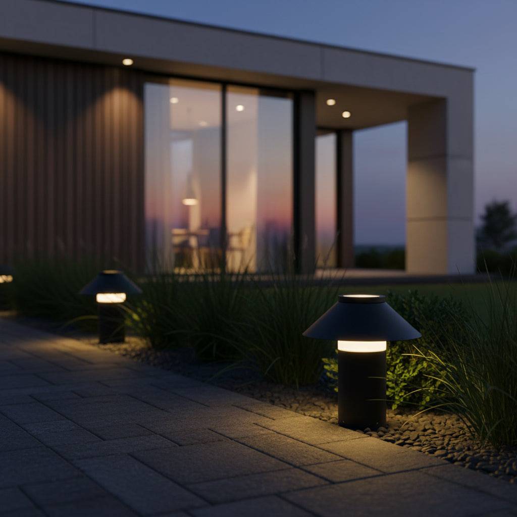 Black small garden bollard light on the edge of a pathway leading to a modern home