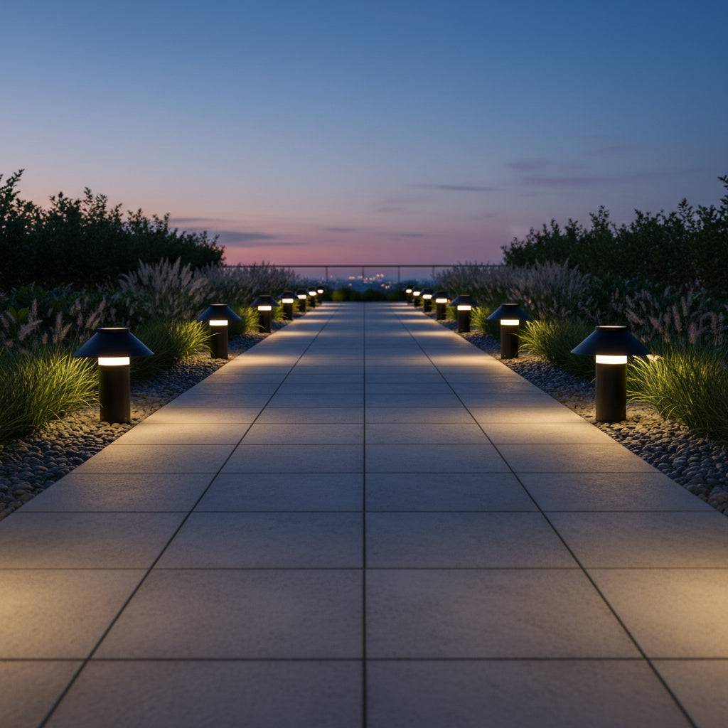Black small garden bollard light mounted either side of a long straight pathway