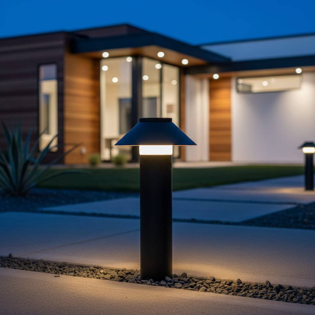 Black IP65 Bollard Light on a pathway leading to a modern style house