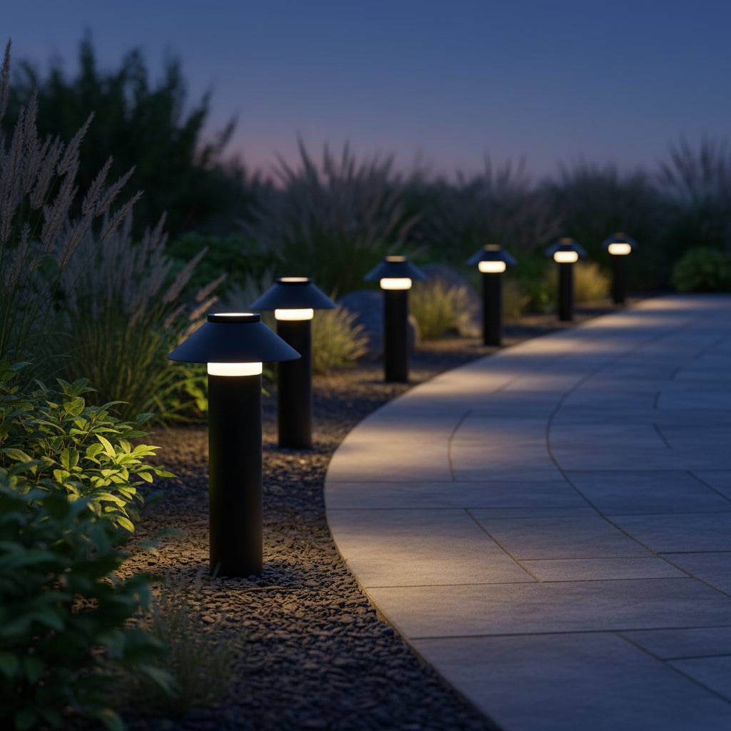 Black IP65 Bollard Light on modern paved grey pathway 