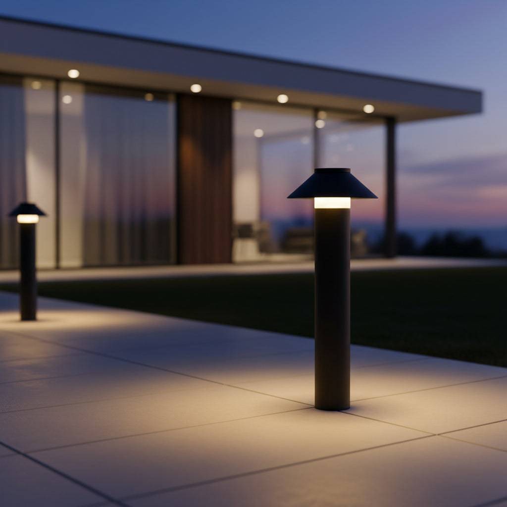 black landscape bollard lights shown mounted on a patio outside modern home