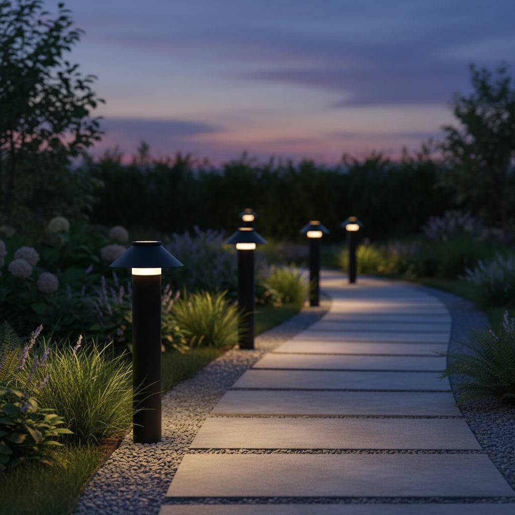 Black landscape bollard lights on curved pathway at sunset