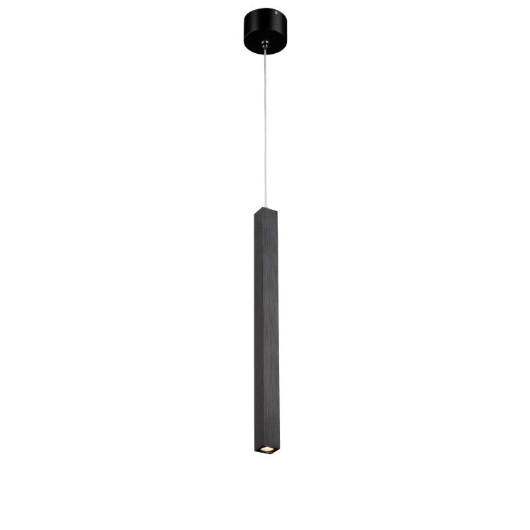 black slimline hanging pendant light on a white background 