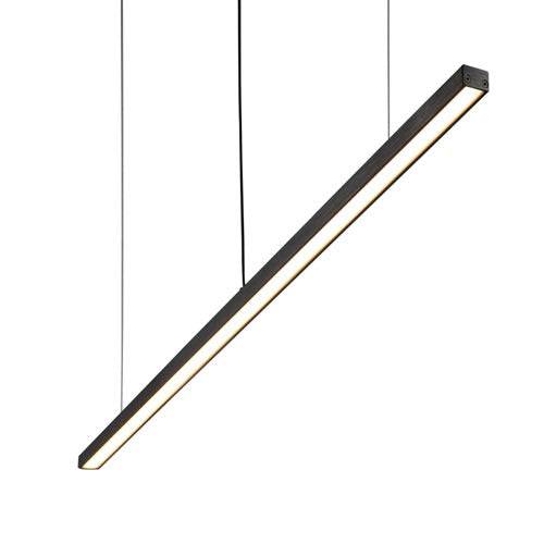 Black linear pendant light fixture on a white background