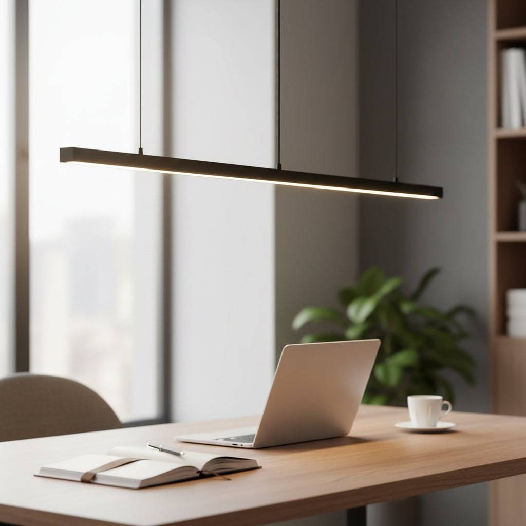 Black linear pendant light fixture above a desk in a modern home