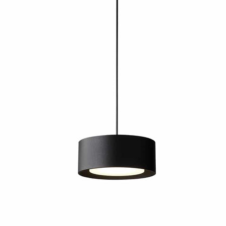Black circular pendant light on a white background