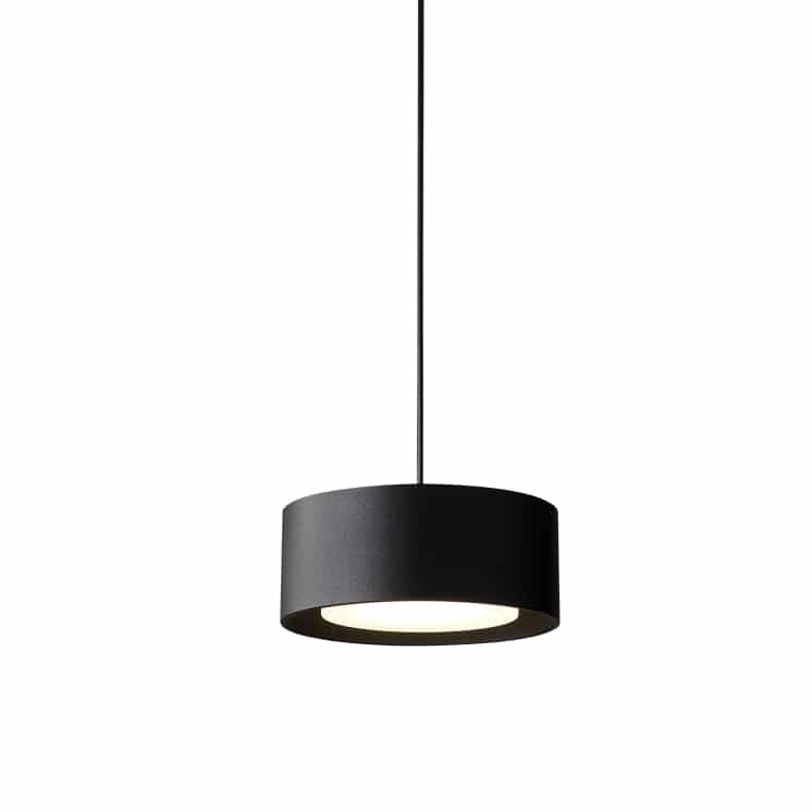 Black circular pendant light on a white background