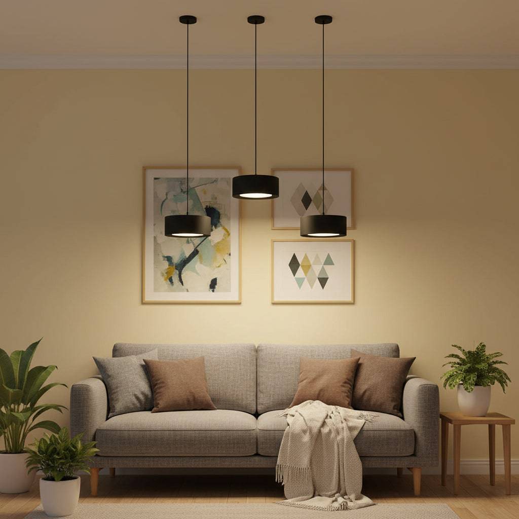 Black circular pendant light three lights above a sofa in a lounge with pictures and plants