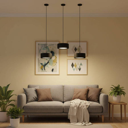 Black circular pendant light three lights above a sofa in a lounge with pictures and plants