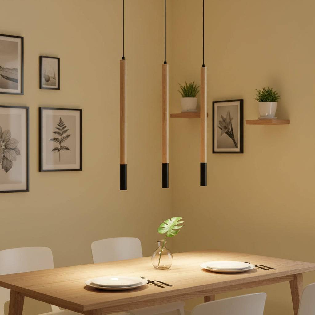 Wooden pendant light three lights above a dining room table with pictures on the pale yellow wall
