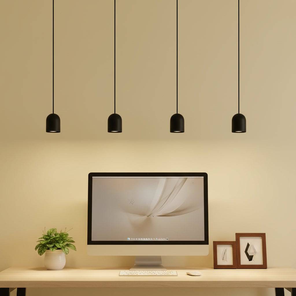 Small pendant light above a computer desk with a plant and pictures and screen