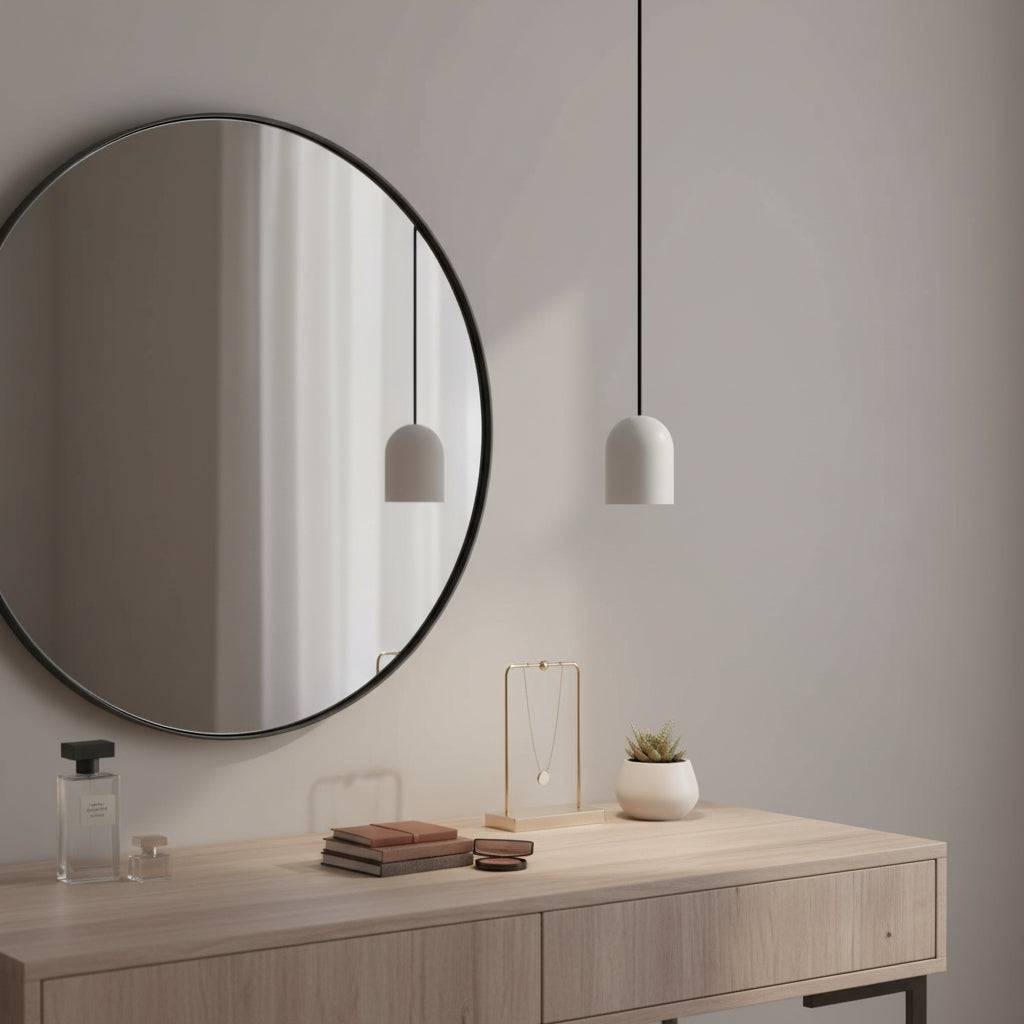 White pendant light above a dressing table  in a modern home