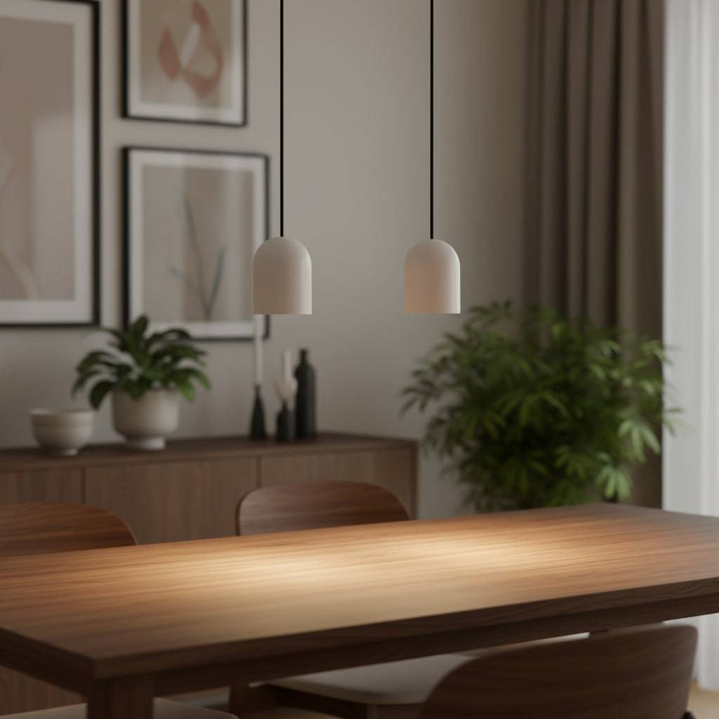 White pendant lamp above a table in a dining room