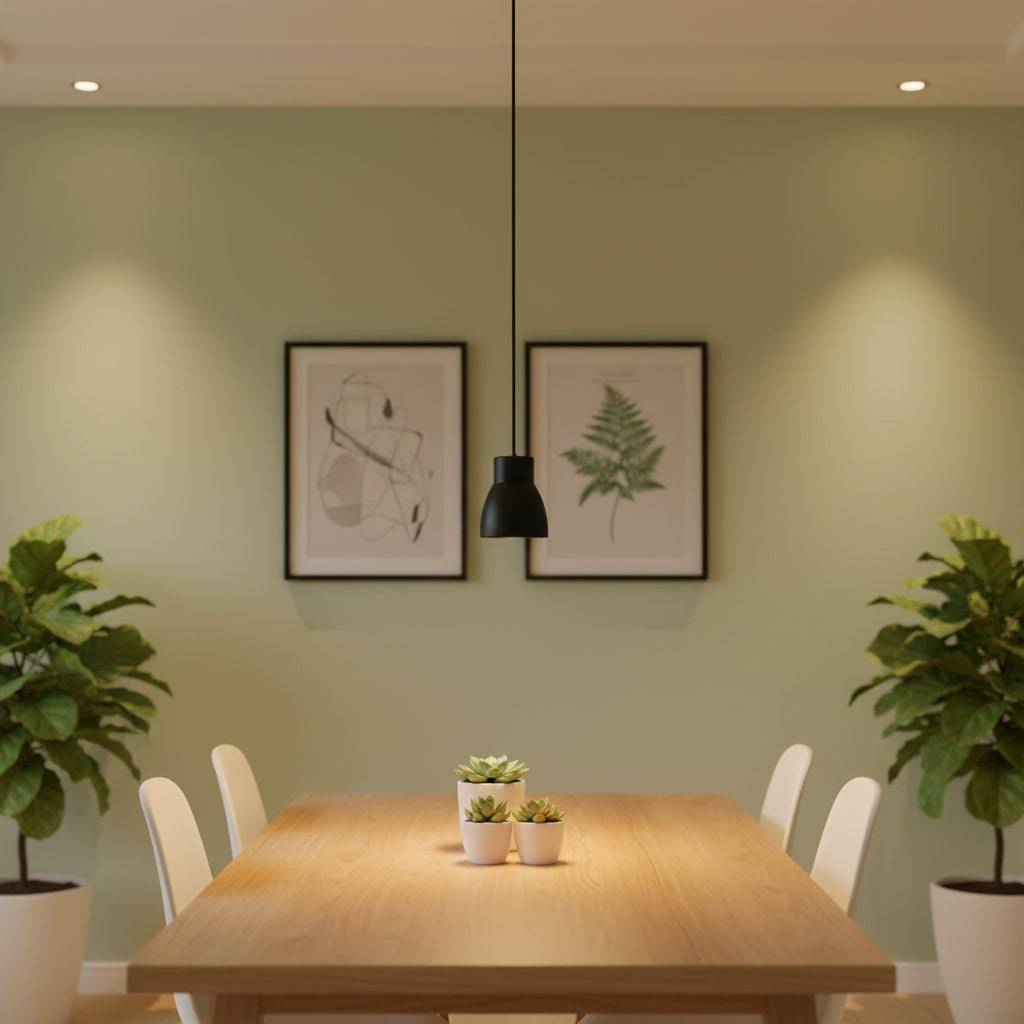 Black LED pendant lamp above a pine and white dining table against a pale green wall with pictures