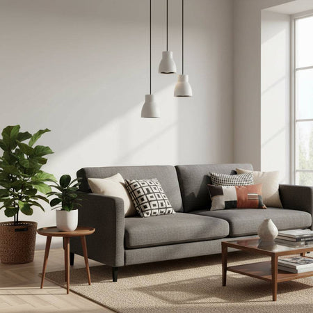White pendant light fixture three lights over a sofa in a lounge with plants