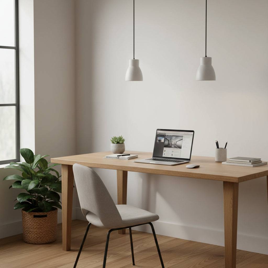 White pendant light fixture two lights over a desk with a laptop and plants in the room