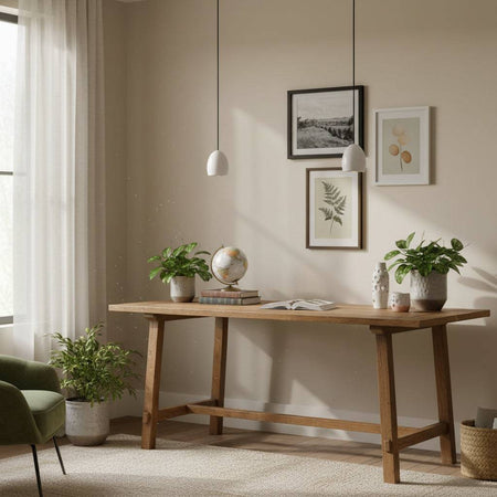 White modern hanging ceiling light above a table with plants and ceramics with pictures to the wall