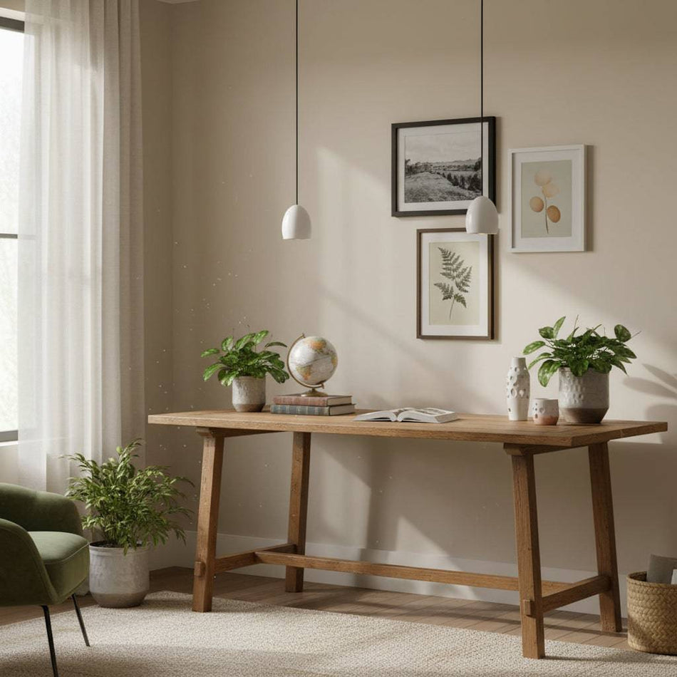 White modern hanging ceiling light above a table with plants and ceramics with pictures to the wall