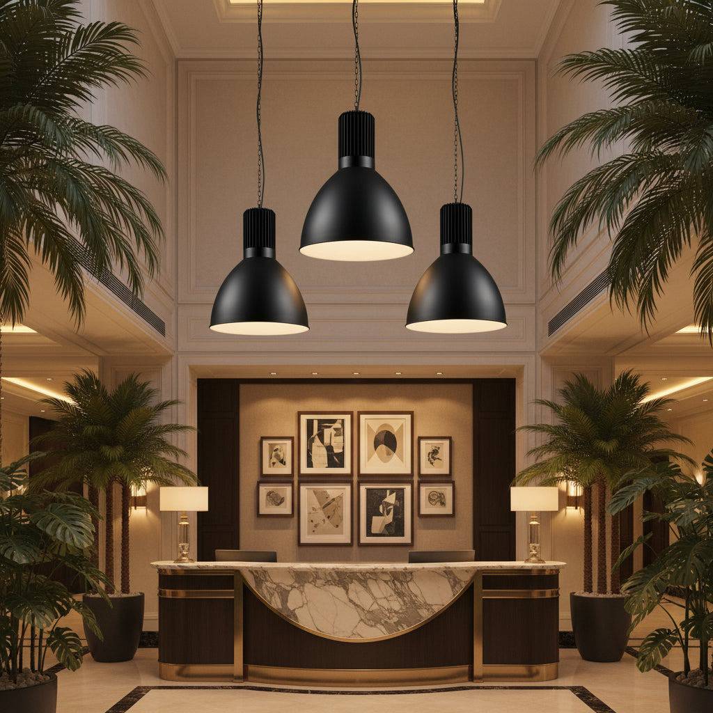 Large pendant light fixture in a hotel reception area