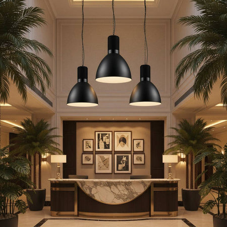 Large pendant light fixture in a hotel reception area