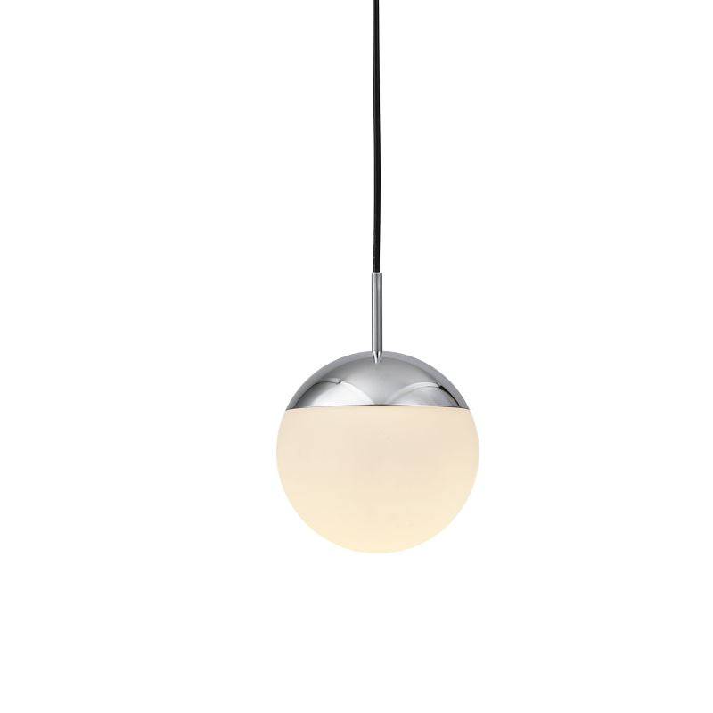 White and chrome globe hanging light on a white background