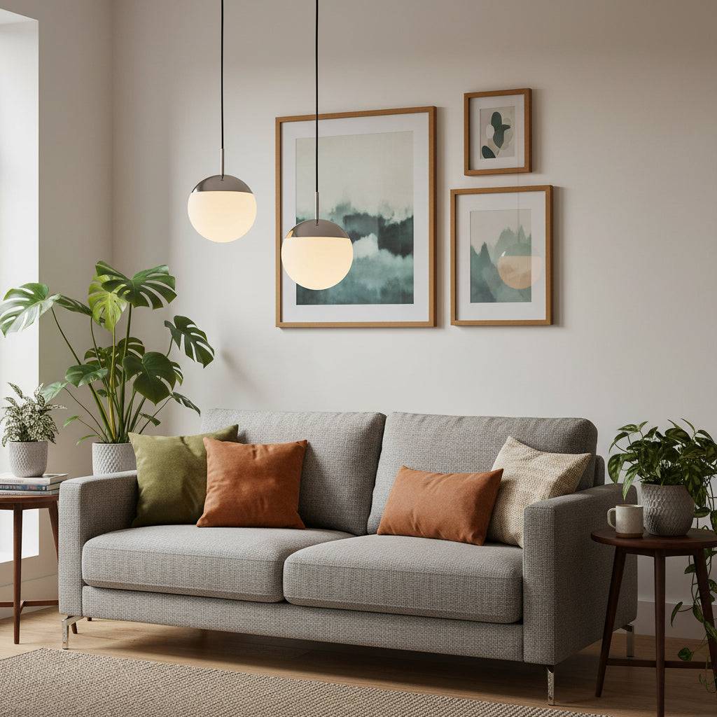 White and chrome globe hanging light above a sofa in a modern lounge with plants and pictures.