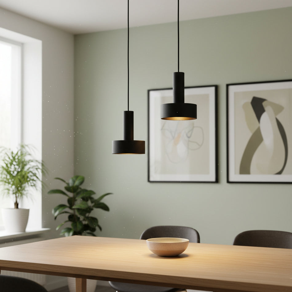 Pendant ceiling lamp above a dining room table with plants and pictures on a pale green background