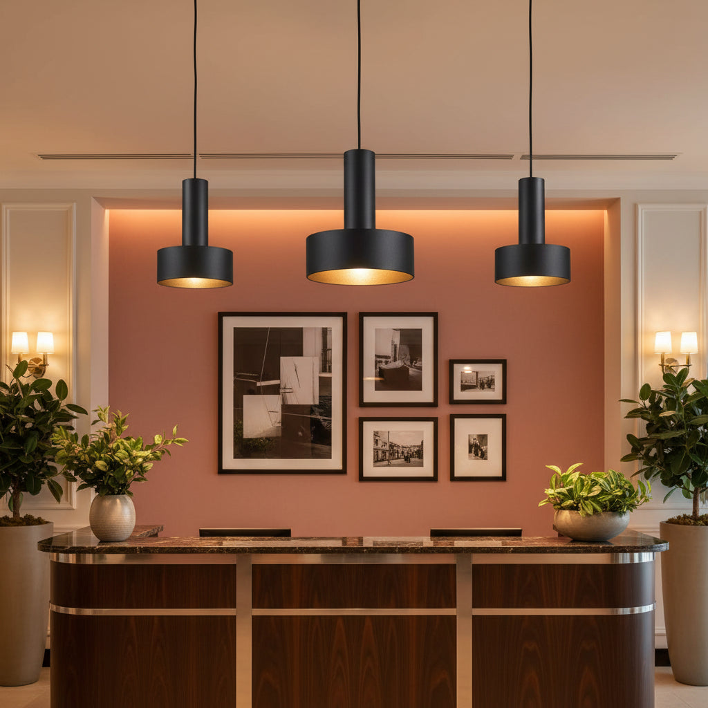 Pendant ceiling lamp above a hotel reception desk with plants and pictures against a pale red wall