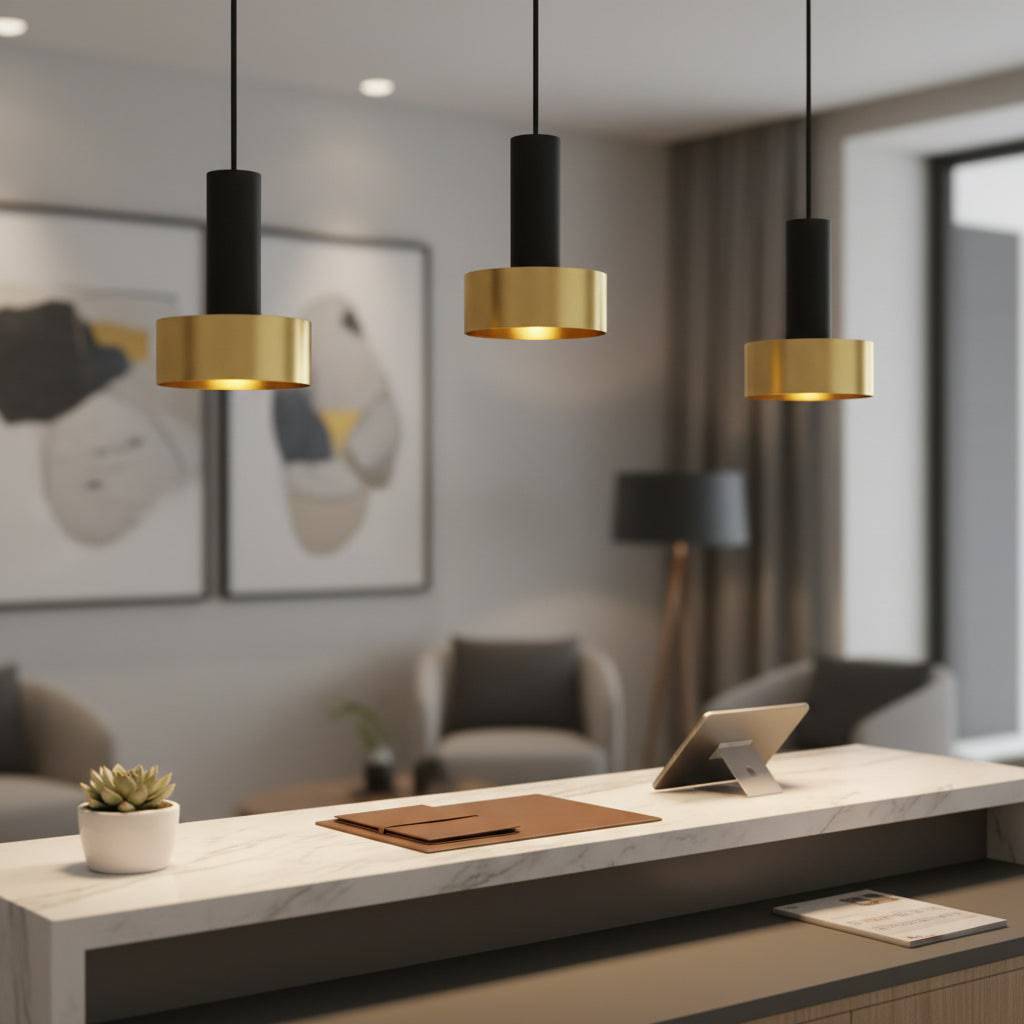 Gold pendant light fixture in a hotel reception 