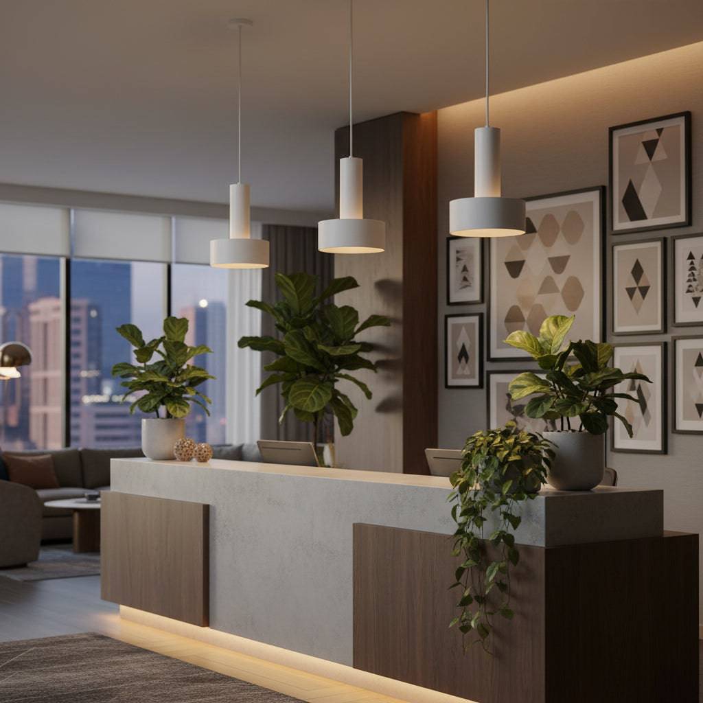 Modern pendant lights above a hotel reception desk with plants and pictures