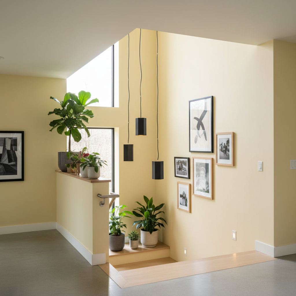 Black pendant light in a stairwell with plants and pictures on a pale yellow background