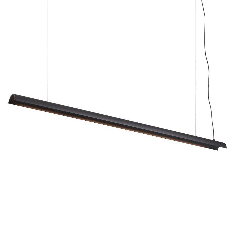 Black linear pendant light on a white background