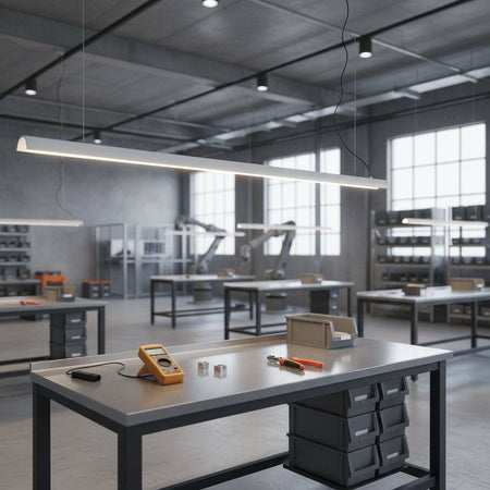 White modern linear pendant light above a work bench in a factory