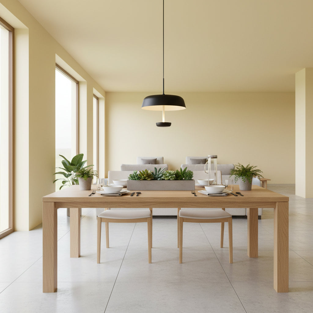 Metal pendant light on a pale yellow background above a table and chairs
