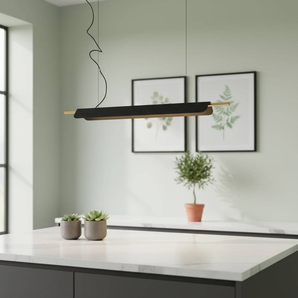 Linear suspension light above a breakfast bar in  modern home