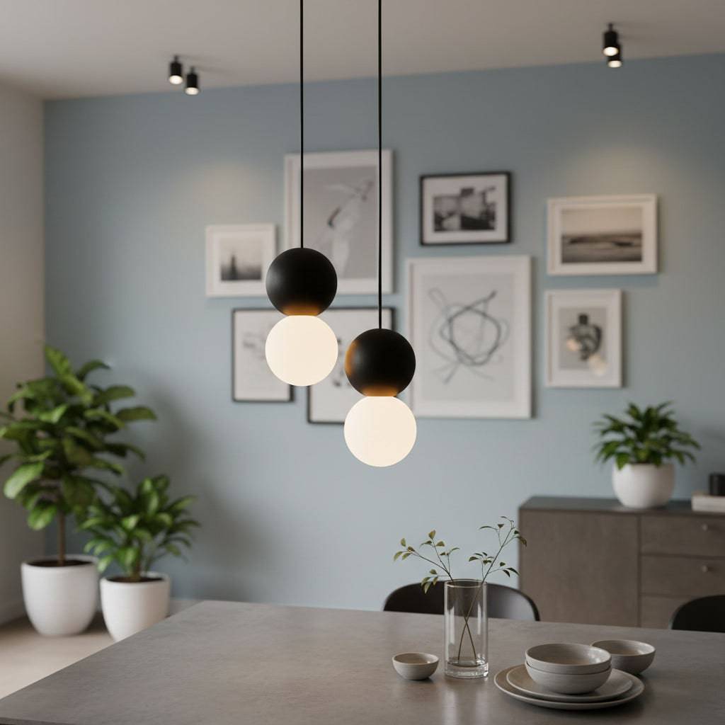 Black globe pendant light on a pale blue background in a modern dining room with pictures and plants